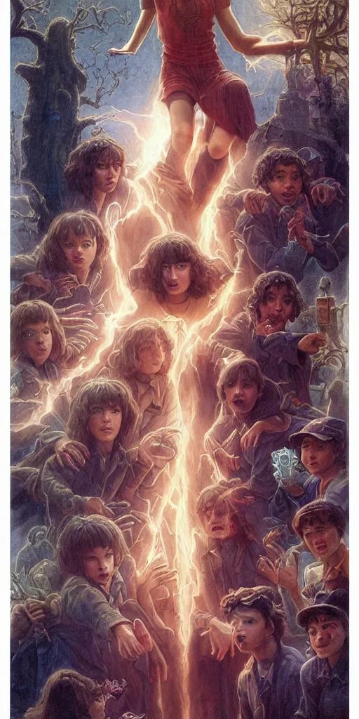 Image similar to epic masterpiece stranger things, beautiful face and flawless skin, perfect hands by Edgar Maxence and Ross Tran and Michael Whelan, Boris Vallejo, Luis Royo, Frank Frazetta, Brom, Lorenzo Sperlonga, Gred Rutkowsky