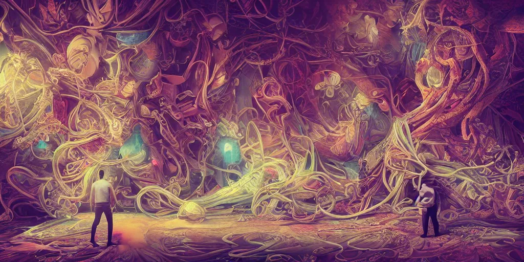 Image similar to a trippy photo of a single lonely person going through different interentangled timelines, hoping to one day get out of this space, Rococo , 4k resolution, detailed, trending on artstation