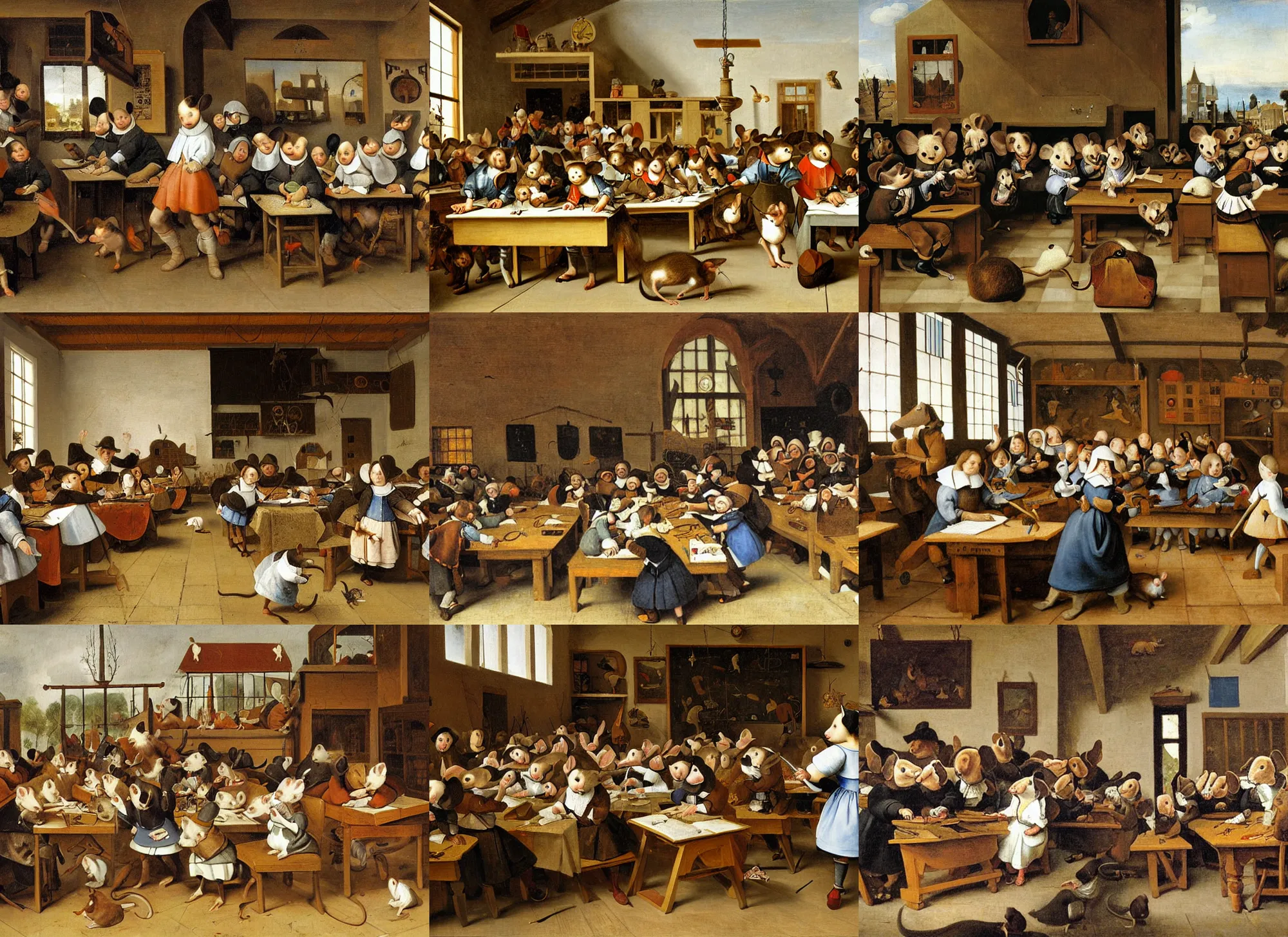 Prompt: a beautiful painting of mice at school by jan steen,