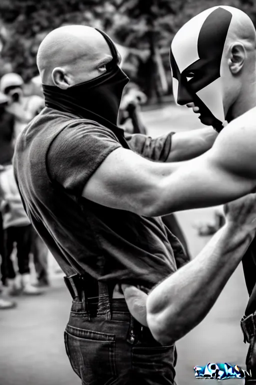 Image similar to nazi skinhead fight with masked antifa, high resolution, photorealistic, smooth, details, 4 k, aesthetic lighting, baroque object, sharp focus, hyperdetailed object, professional photography, pullitzer winning, 8 0 0 photo by : canon eos 5 d mark iv, by karah mew and adnan abidi and jodie bateman