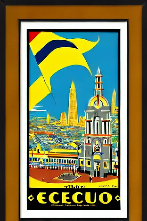 Prompt: art deco travel poster. ecuador, framed poster