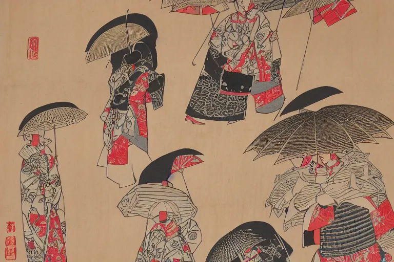 Image similar to geishas walking with umbrellas patterned dresses highly detailed fine wood block print