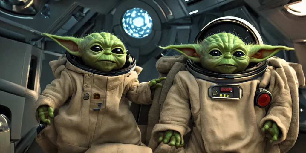 Image similar to a 3 d rendered movie still, wide - angle shot, 1 0 0 meter in the distance, baby yoda wearing a spacesuit, and exploring cosmos in a super awesome space ship. dramatic lighting, imax, 7 0 mm. science fiction blockbuster movie, silent running.