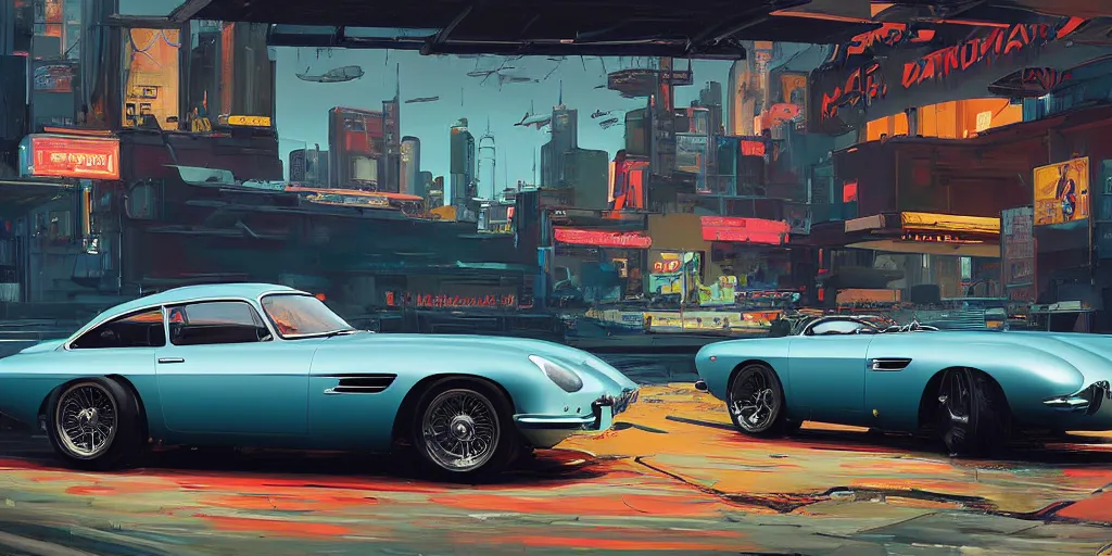 Image similar to art style by Ben Aronson and Edward Hopper and Syd Mead, wide shot view of the Cyberpunk 2077, on ground level. full view of the Aston Martin DB4 1958 with wide body kit modification and dark pearlescent holographic paint, has gullwing doors open.