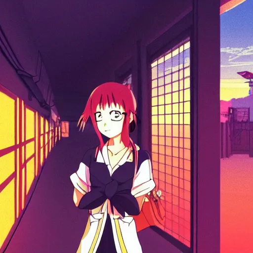 Image similar to anime girl in dimly light golden gai smoking a cigarette during sunset, studio ghibli, 8 0 s anime, in the style of kimagure orange road, nostalgic, artstation, 8 k