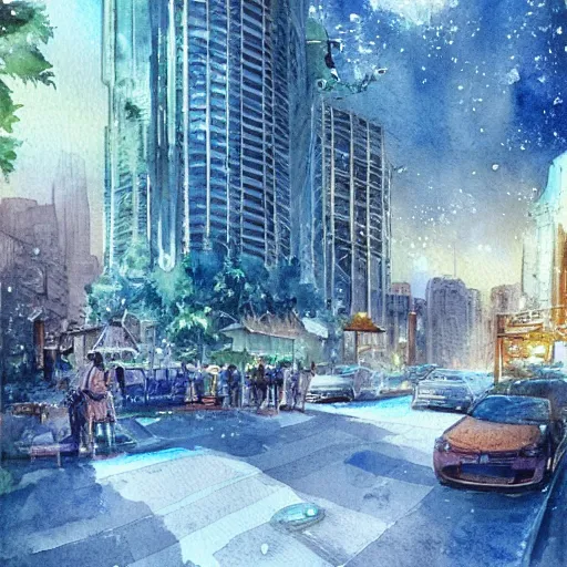 Image similar to Beautiful happy picturesque charming sci-fi city in harmony with nature. Beautiful light. Nice colour scheme, soft warm colour. Beautiful detailed watercolor by Lurid. (2022)