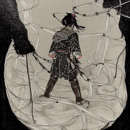 Image similar to A PORTRAIT FROM BEHIND OF A SAMURAI MAN VAGABOND WITH A MOON BEHIND HIM ,THE SAMURAI IS WRAPPED IN CHAINS ,detailed, concept art, ink style , sketch