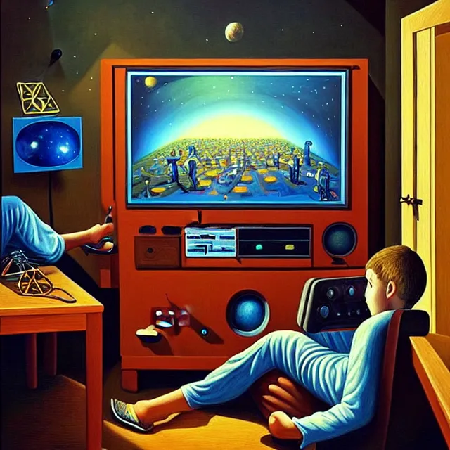 Image similar to an oil on canvas portrait of a teenager in his room playing videogames and watch television, surrealism, surrealist, cosmic horror, rob gonsalves, high detail