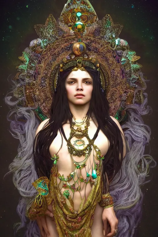 Image similar to a realistic dark photo of a miss of the world as an ancient goddess in jewelery and fractals in style of alphonse mucha art nuvo dmt trending on artstation made in unreal engine 4