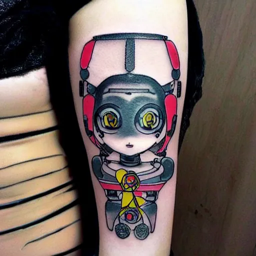 Prompt: Anime manga robot!! catgirl tattoo, exposed wires and gears, fully robotic!! catgirl, manga!! in the style of Junji Ito and Naoko Takeuchi, cute!! chibi!!! catgirl, tattoo on upper arm, arm tattoo