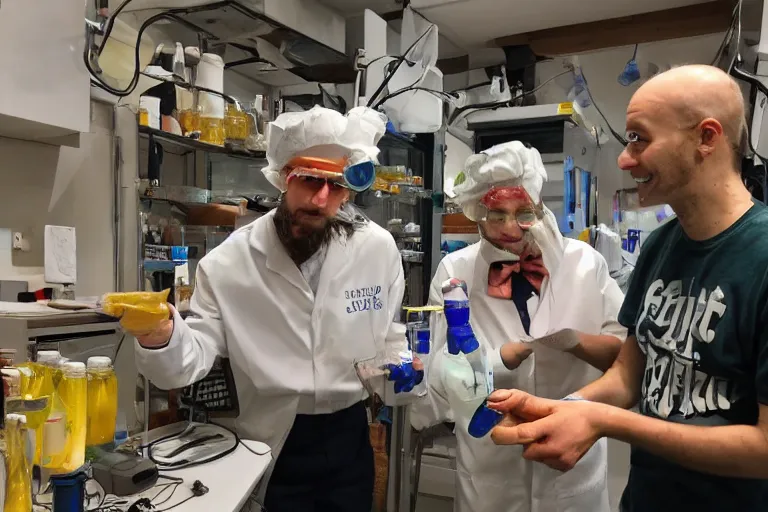 Image similar to recent photograph of reckless!!! whimsical! scientists in a lab inventing a new flavor of soda!!!, presentation, slide show, beakers