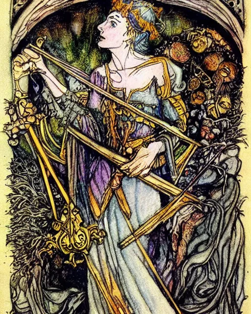 Image similar to tarot card, very detailed painting, illustration, colorful, tarot card ornate frame with roman numerals, in style of Arthur Rackham