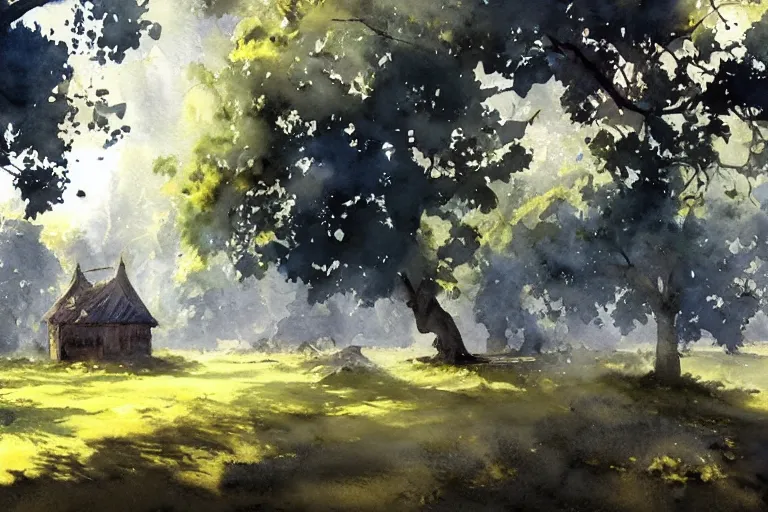 Prompt: small centered on watercolor paper, paint brush strokes, abstract watercolor painting of ancient viking house in city park, palm and oak trees, sunshine though foliage, translucent leaves, cinematic light, national romanticism by hans dahl, by jesper ejsing, by anders zorn, by greg rutkowski, by greg manchess, by tyler edlin