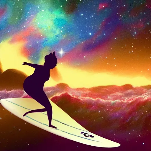 Prompt: A catgirl surfing through the magnificent nebula