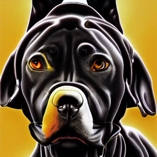 Prompt: chrome illustration of an angry pitbull dog, black background, hajime sorayama, airbrush, high detail, 4 k