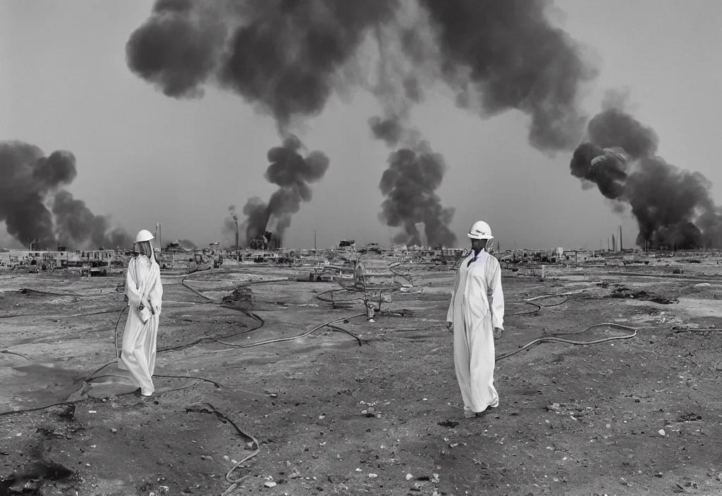 Prompt: fashion editorial in Kuwait oil fields fire. 1991. wide angle shot. highly detailed. depth of field. high definition. 8k. photography.