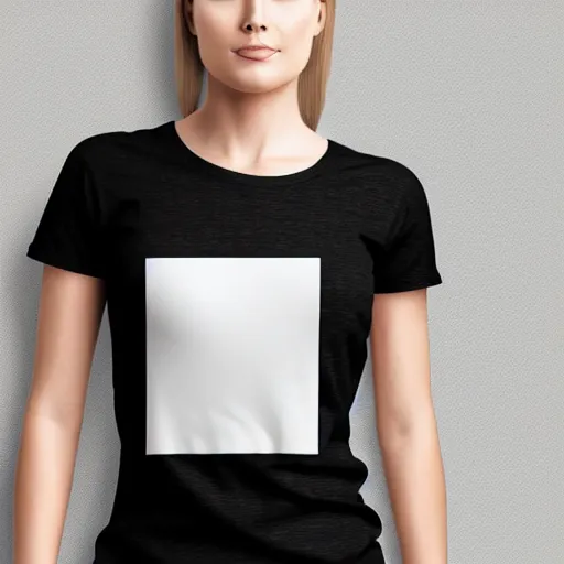 Image similar to clear photorealistic mockup product photograph of a blank black tshirt on an attractive female model in front of a living room background - h 7 0 4