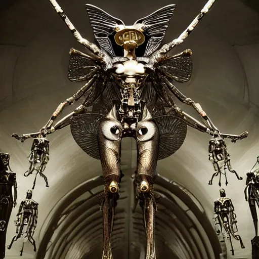 Prompt: still frame from Prometheus movie by Makoto Aida, biomechanical mantis angel archangel gynoid by giger, metal couture by neri oxmn and Guo pei, editorial by Malczewski and by Caravaggio