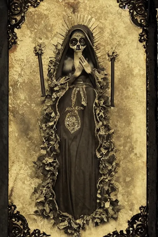 Image similar to tintype full body view, virgin mary in dia de muertos dress and make up, horrific beautiful vibe, evocative, atmospheric lighting, painted, intricate, highly detailed,