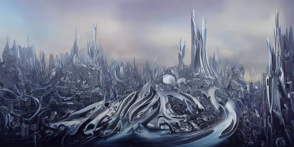 Prompt: a beautiful painting of city landscape, zaha hadid, fantasy, futuristic, by yves tanguy, trending on artstation