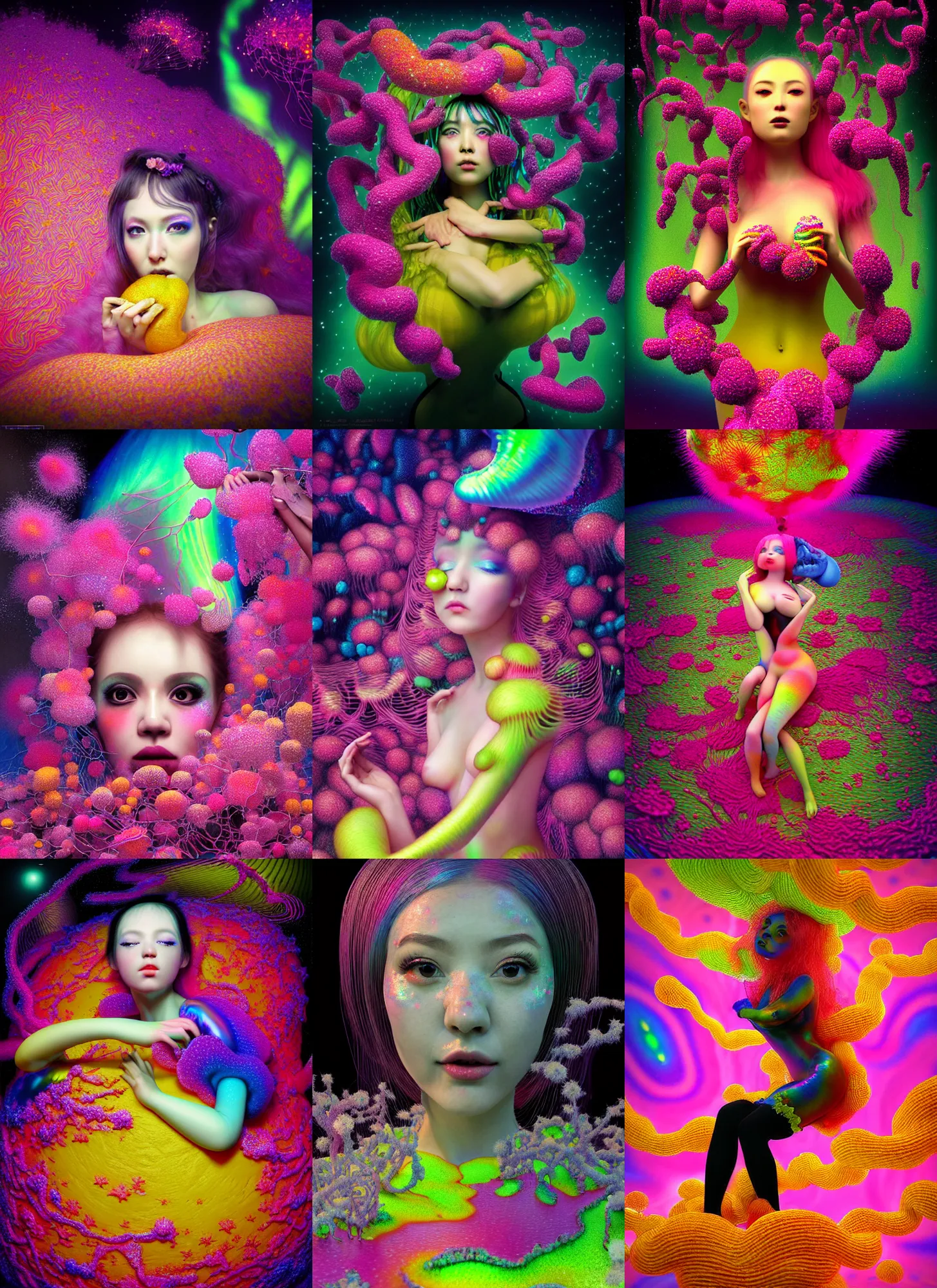 Prompt: hyper detailed 3d render like a Oil painting - kawaii sexy Aurora (Singer) seen Eating of the Strangling network of colorful yellowcake and aerochrome and milky Fruit and Her delicate Hands hold of gossamer polyp blossoms bring iridescent fungal flowers whose spores black the foolish stars by Jacek Yerka, Mariusz Lewandowski, Houdini algorithmic generative render, Abstract brush strokes, Masterpiece, Edward Hopper and James Gilleard, Zdzislaw Beksinski, Mark Ryden, Wolfgang Lettl, hints of Yayoi Kasuma, octane render, 8k