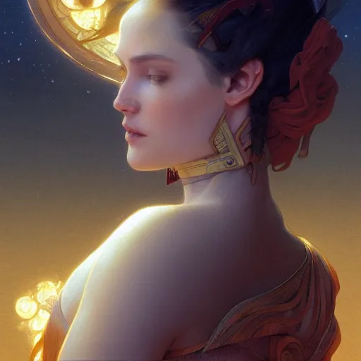 Image similar to space ember, with clothes for goodness sakes, intricate, elegant, highly detailed, digital painting, artstation, concept art, smooth, sharp focus, illustration, art by artgerm and greg rutkowski and alphonse mucha and william - adolphe bouguereau
