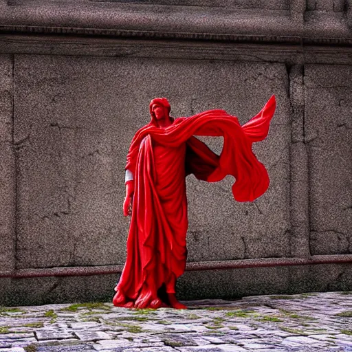 Prompt: a roman statue covered by red cloth that's blowing in the wind, digital art, concept art, cloth simulation with houdini, octane, redshift, 8 k