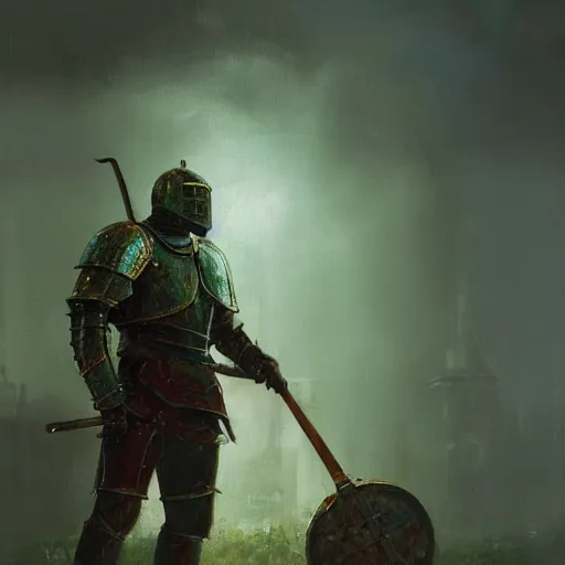 Image similar to Highly realistic and detailed painting of a knight in rusted armor, dark green energy radiates from the knight, oil painting, the knight is in full height, by Greg Rutkowski, 4k, moody lighting, dark fantasy