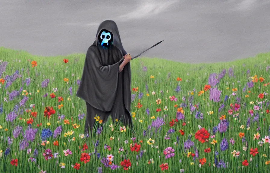 Image similar to grim reaper in a meadow of flowers, gray stormy wather, children drawing