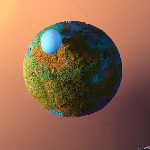 Image similar to 3 d render of a miniature earth, pascal blanche, surreal, beksinski, high detailed, volumetric lighting, octane render