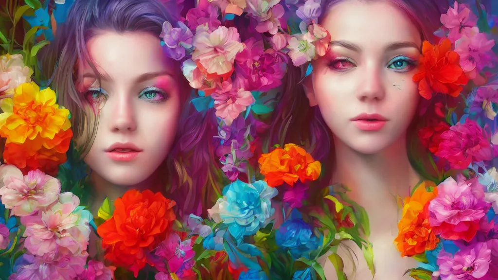 Image similar to stunning colorful mixed media art, female character, flowers, art by cgsociety, 8 k, high resolution