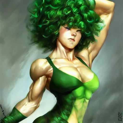 Image similar to muscular tatsumaki by daniel gerhartz, curled emerald hair, trending on artstation