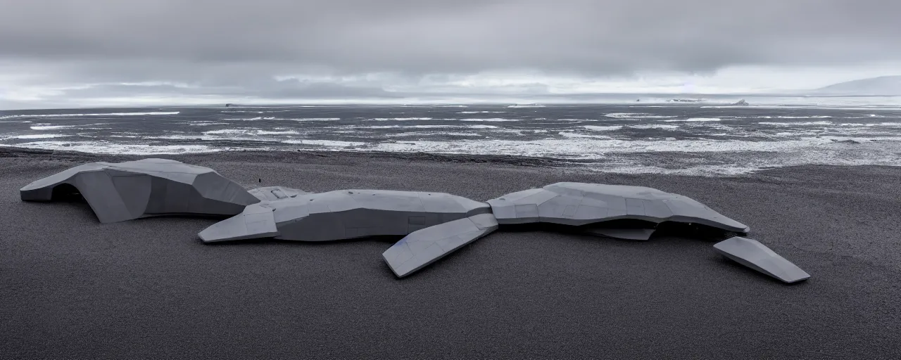 Image similar to cinematic shot of giant symmetrical futuristic military spacecraft in the middle of an endless black sand beach in iceland with icebergs in the distance,, 2 8 mm