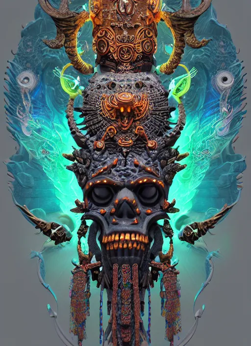 Image similar to 3 d ornate carved shaman with tattoos profile portrait, sigma 5 0 0 mm f / 5. beautiful intricate highly detailed quetzalcoatl skull. bioluminescent, plasma, lava, ice, water, wind, creature, thunderstorm, artwork by tooth wu and wlop and beeple and greg rutkowski, 8 k trending on artstation