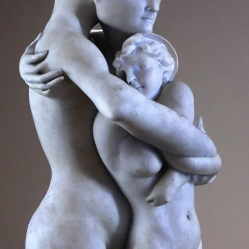 Prompt: sculpture of venus de milo and aphrodite hugging each other, hyperrealistic style in carrara marble
