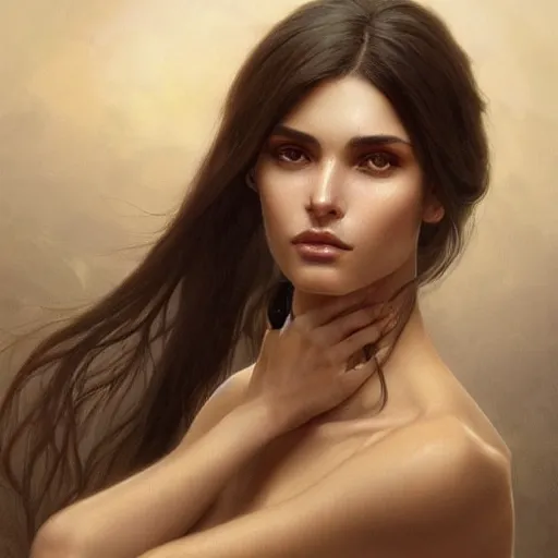 Image similar to Italian Supermodel, olive skin, long dark hair, beautiful bone structure, intricate, elegant, highly detailed, digital painting, artstation, concept art, smooth, sharp focus, illustration, art by artgerm and greg rutkowski and alphonse mucha