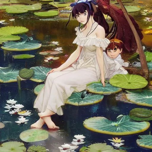 Image similar to isekai masterpiece drawn by bowater charlie, cabanel alexandre, james c. christensen, cornwell dean, of a beautiful anime girl sitting in a pond filled with lily pads and koi fish