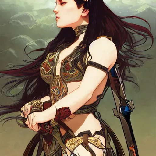 Prompt: breathtaking epic fantasy comic book style portrait of a sensual female fighter in epic fantasy arena,, sunny weather, intricate, matte, sharp focus, illustration, art by Artgerm and Hsiao-Ron Cheng and Alphonse Mucha,, RPG portrait