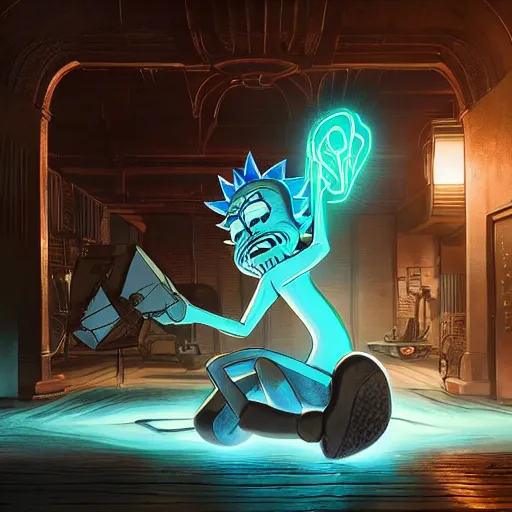 Image similar to full body pose, hyperrealistic photograph of rick sanchez from rick and morty, dim volumetric lighting, 8 k, octane beautifully detailed render, extremely hyper detailed, intricate, epic composition, cinematic lighting, masterpiece, trending on artstation, very very detailed, stunning, hdr, smooth, sharp focus, high resolution, award, winning photo, dslr, 5 0 mm