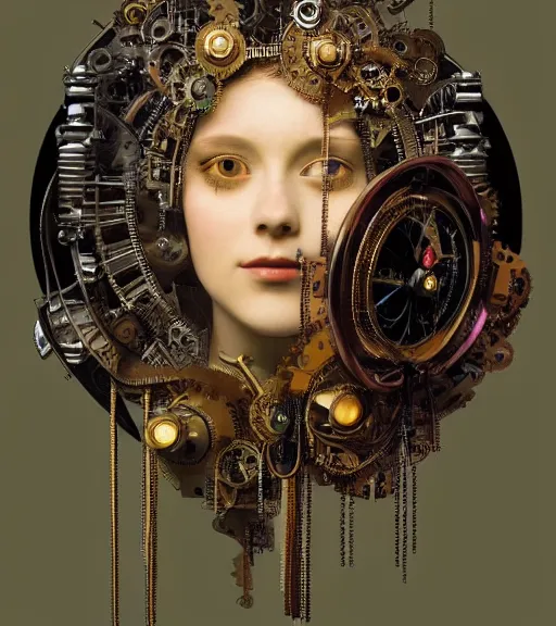 Image similar to portrait of a beautiful young cyborg woman with a big steampunk flower crown and part mechanical face , Metropolis, by Leonardo Da Vinci in the style of Man Ray