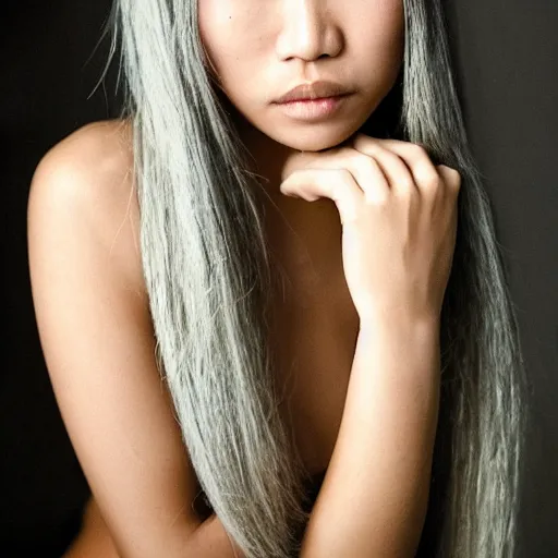 Image similar to candid portrait photograph of a tanned asian egirl with long silver hair, taken by annie leibovitz