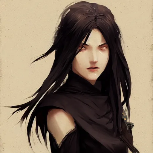 Image similar to female human vampire witch in the style of greg rutkowski, makoto shinkai, trending on artstation, character design, concept art, pretty face, highly detailed, long black hair, portrait, digital art