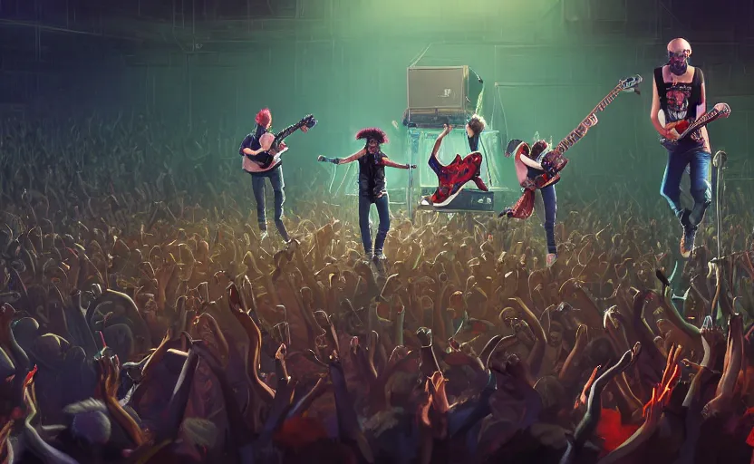 Image similar to 4 punks in school uniform with mohawks stand on stage with guitars and drums and microphones and yell day, foreground fight of ravers and punks, by marc simonetti, tyler edlin, deviantart, ray tracing, octane render, digital art, realistic, high quality, 8 k