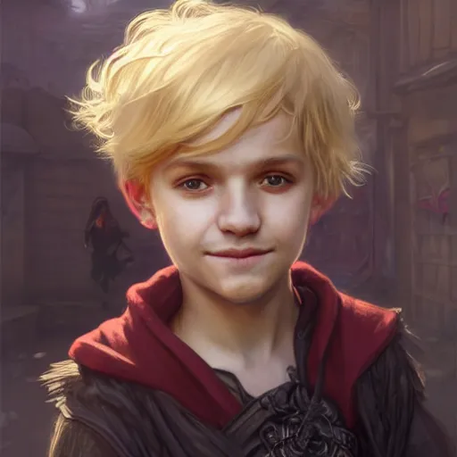 Image similar to portrait of a young boy wearing fantasy thief clothing in the slums of a fantasy city, blonde hair, d & d, fantasy, joyful smirk, intricate, elegant, highly detailed, digital painting, artstation, concept art, matte, sharp focus, illustration, art by artgerm and greg rutkowski and alphonse mucha