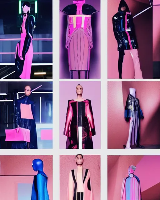 Prompt: an award winning fashion photograph leaked screenshot of Balenciaga's fashion week 2049 campaign by Demna Gvasalia, cyberpunk, futuristic, Bladerunner 2049, dazzle camouflage!, dayglo pink, dayglo blue, raven black