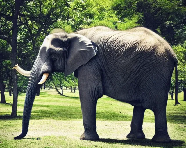 Image similar to an elephant painting a beautiful picture of an elephant while standing outside in a park on a sunny day, octane, shot on an iphone,