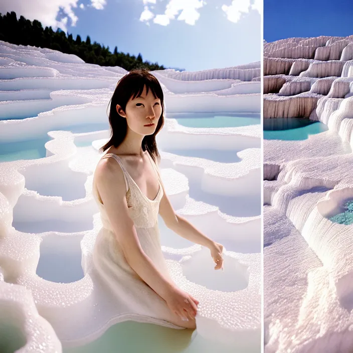 Image similar to Kodak Portra 400, 8K, soft light, volumetric lighting, highly detailed, britt marling style 3/4 ,portrait photo of Kasumi Arimura, the face emerges from Pamukkale, thermal waters flowing down white travertine terraces, inspired by Ophelia paint , a beautiful lace dress and hair are intricate with highly detailed realistic beautiful flowers , Realistic, Refined, Highly Detailed, natural outdoor soft pastel lighting colors scheme, outdoor fine art photography, Hyper realistic, photo realistic