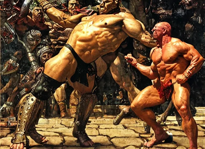 Image similar to dorian yates as hercules faces the minotaur, greek temple, dynamic action, by norman rockwell and jesper ejsing and tom lovell and frank schoonover