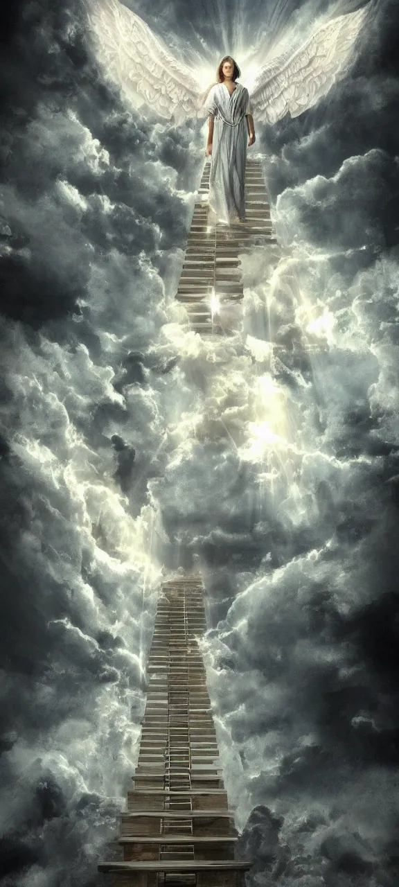 Image similar to stairway ladder to heaven many angels ascending atmospheric epic rays concept art