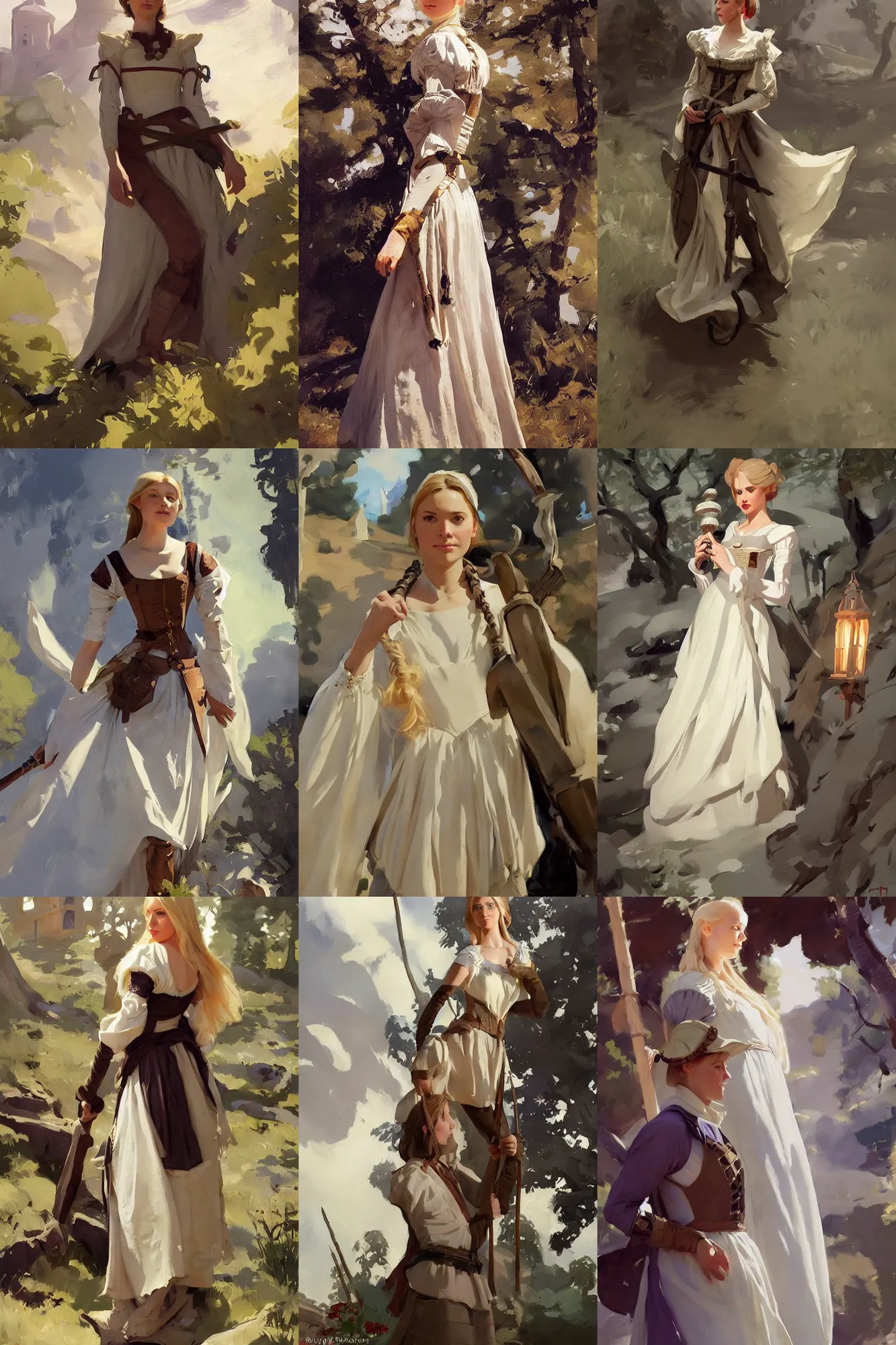 Prompt: portrait of medieval village finnish norway scandinavian maiden wearing empire waist regency dress jodhpurs greg manchess painting by sargent and leyendecker, studio ghibli, fantasy, medium shot, asymmetrical, intricate, elegant, matte painting, illustration, hearthstone, by greg rutkowski, by greg tocchini, by james gilleard, by joe fenton